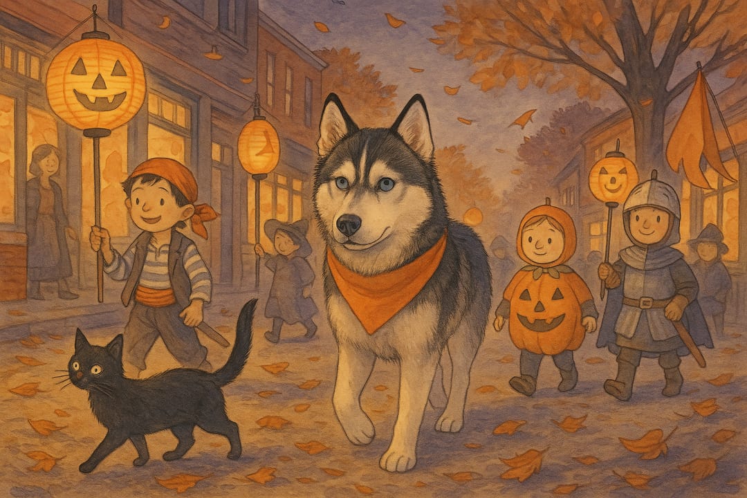Black-Cat Costume Parade — A children's-book parade — everyone in costume, marching down Main Street with a black cat leading.