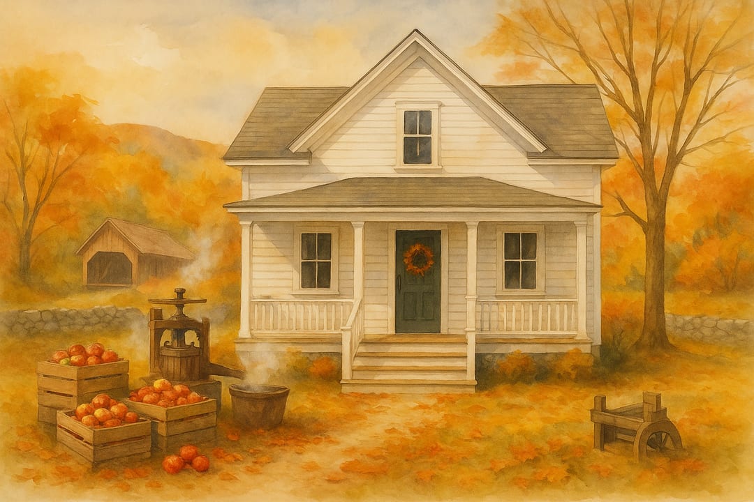 Cider-Mill Watercolour — A New England cider mill in October — transparent watercolour, apples in crates, steam from the press.