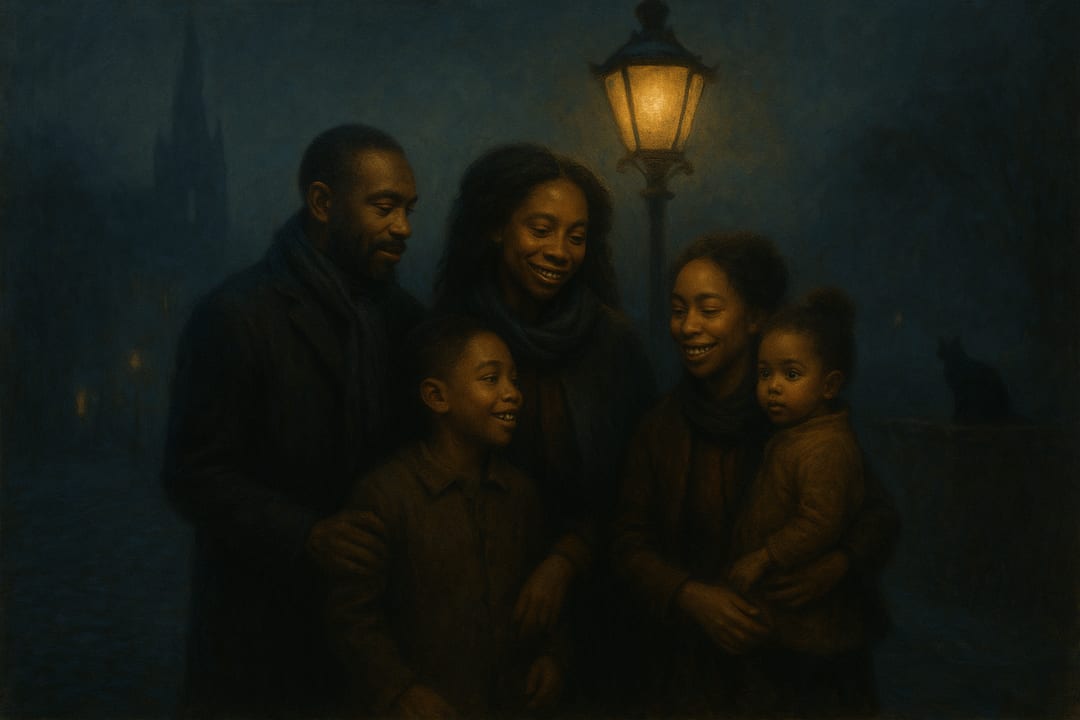 Gaslamp Fog Nocturne — A Whistler-style nocturne — fog, one gaslamp, the subject a warm figure in a blue-grey night.
