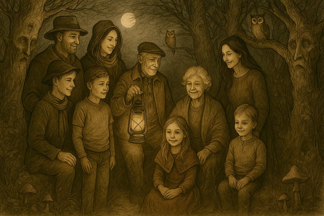 Hollow-Tree Storybook — A Rackham-style storybook plate — gnarled trees with faces, owls, the subject brave in the lantern glow.