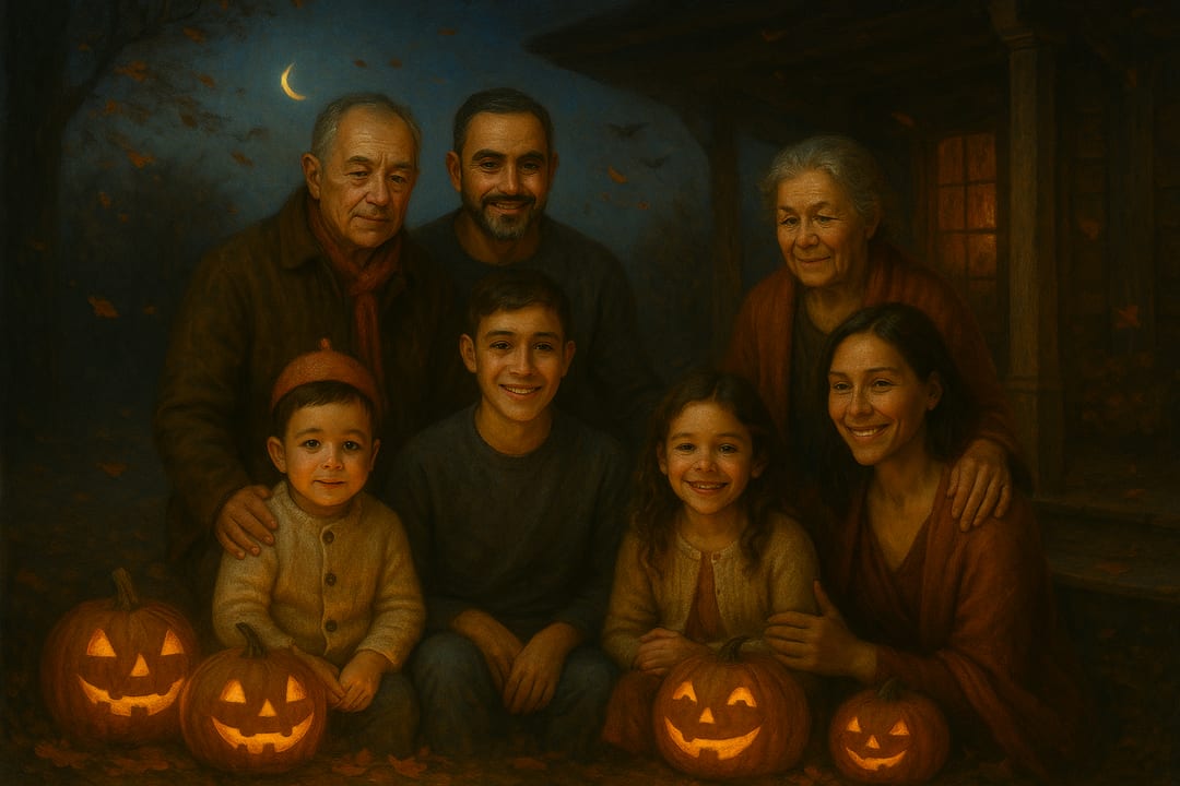 Jack-o'-Lantern Realism — Cosy October night — a porch of carved pumpkins, one warm glow.