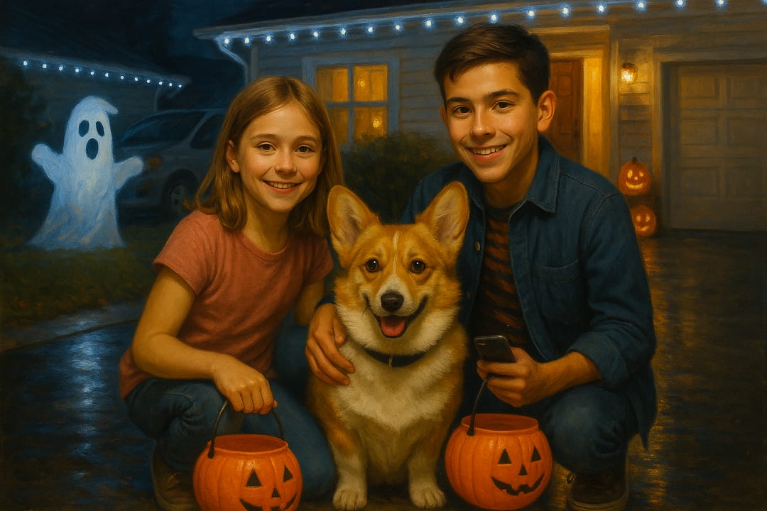 LED Porch Realism — Halloween as it actually looks now — LED string lights, an inflatable on the lawn, a minivan in the drive.