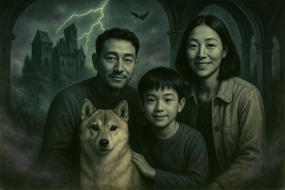 1930s Monster-Movie Lobby Card — Hand-tinted studio horror poster — fog, castle, lightning, one dramatic face.