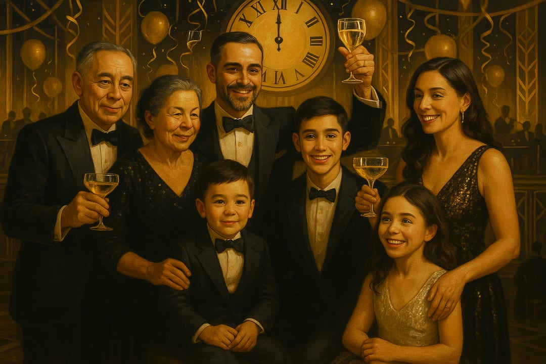 Grand-Hotel Ballroom — A 1920s hotel ballroom at midnight — balloons falling, a big band, black tie and sequins.
