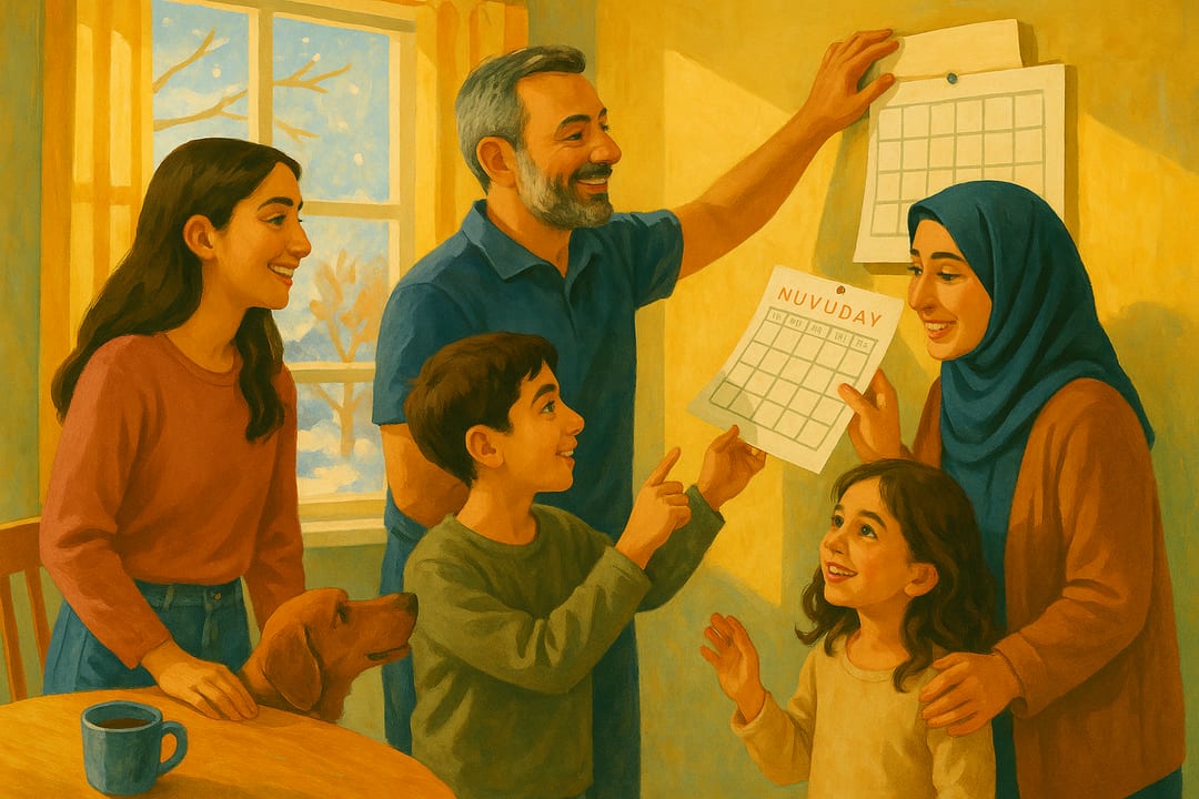 Turning the Calendar — The old calendar coming down, the new one going up — a warm domestic mid-century illustration.