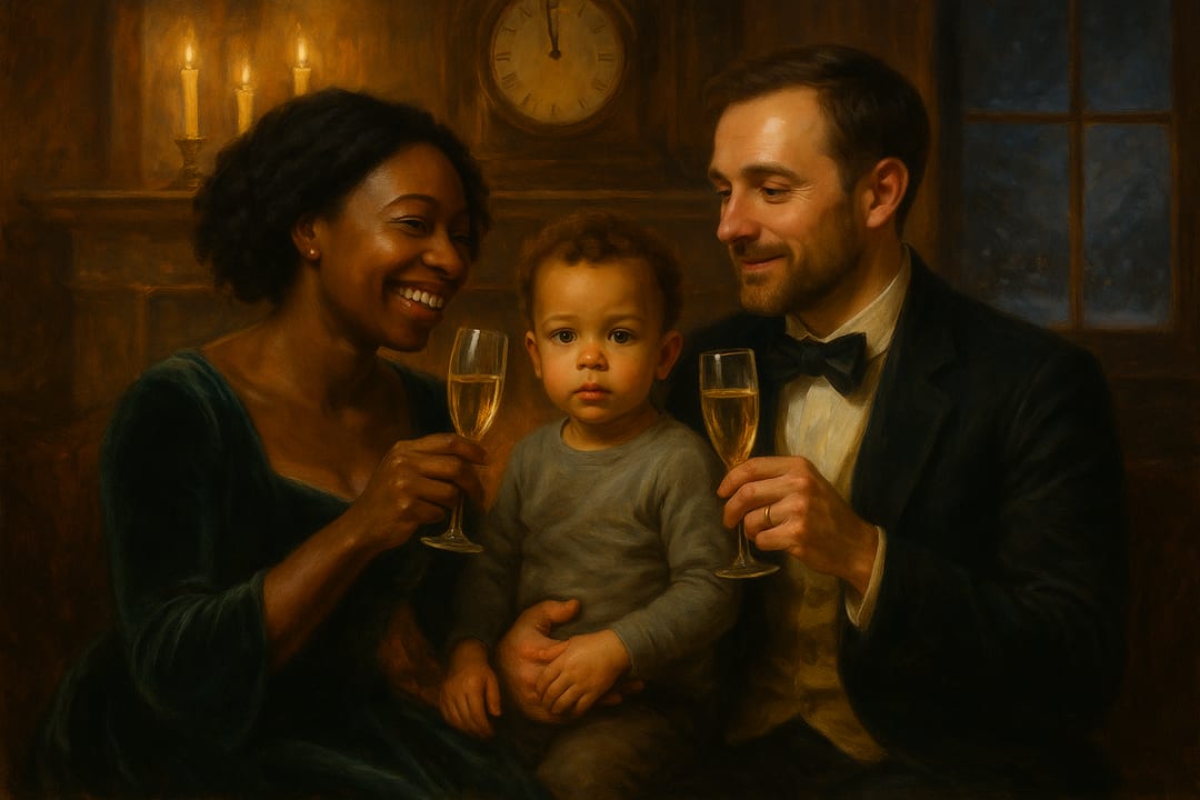 Fireside Toast — Glasses raised by the fire at midnight — a Sargent-warm interior, velvet, candle and firelight.
