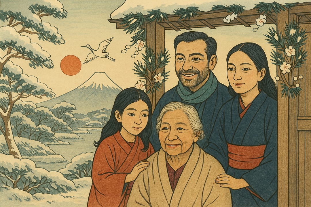First-Snow Woodblock — A Hiroshige-style ukiyo-e print — New Year's morning, first snow, pine and plum at the gate.