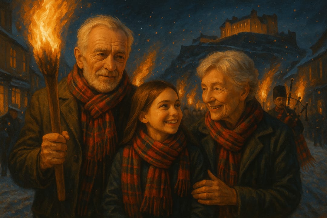 Torchlight Procession — A Scottish torchlight procession — tartan, fire, pipers, the subject carrying a torch through the snow.