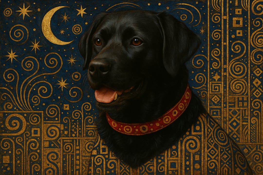 Klimt Midnight Gold — Gold-leaf mosaic against a deep-blue midnight — spirals, stars, a kiss of champagne.