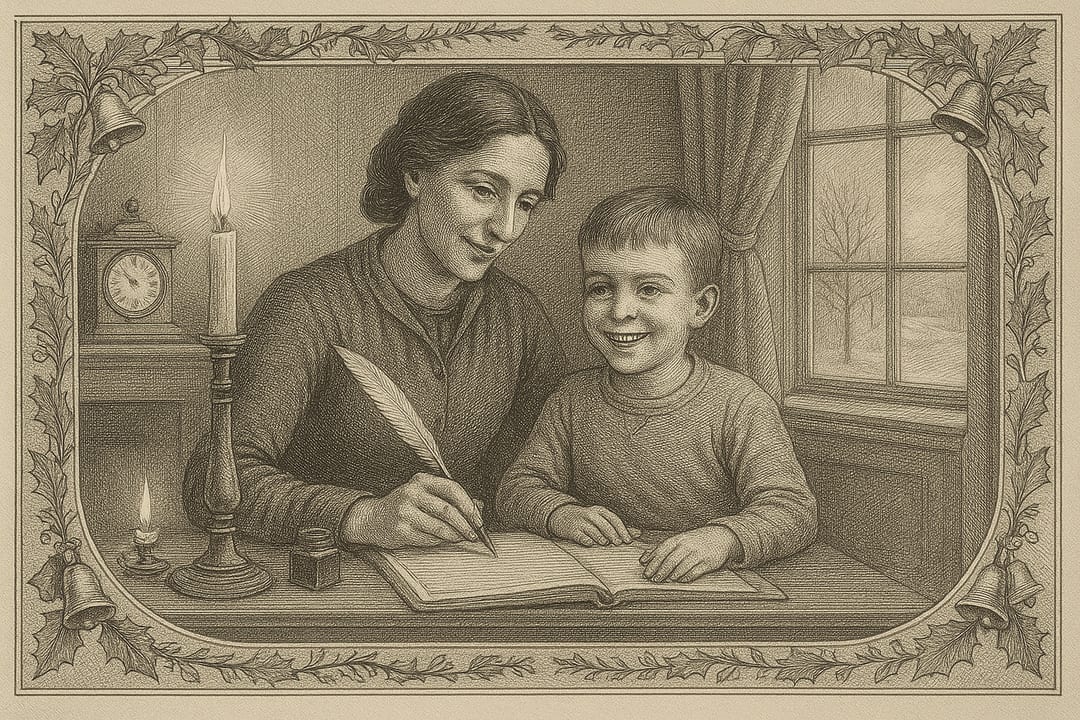 Resolutions Ledger — A Victorian engraved ledger page — the subject at a writing desk, quill up, a blank list of resolutions.
