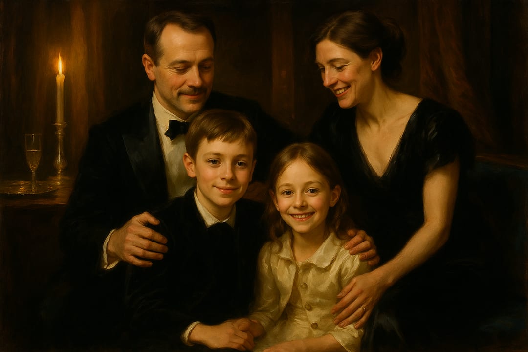 Sargent Evening Portrait — Bravura society oil — black velvet, one candle, silver reflected in the brush.