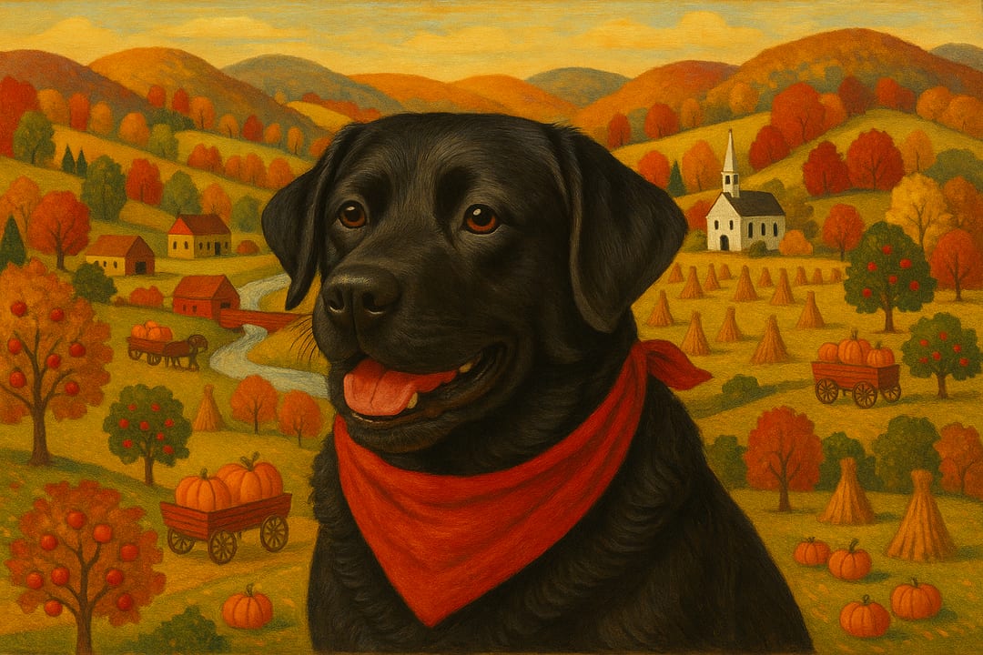 American Folk Harvest — Naive farm-scene painting — pumpkin wagons, corn shocks, a whole busy valley.