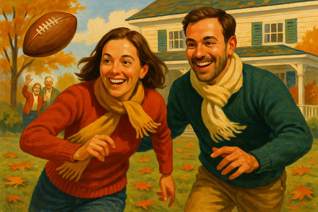 Backyard Football — The Thanksgiving game on the lawn — sweaters, a leather ball, a mid-century sporting-cover style.