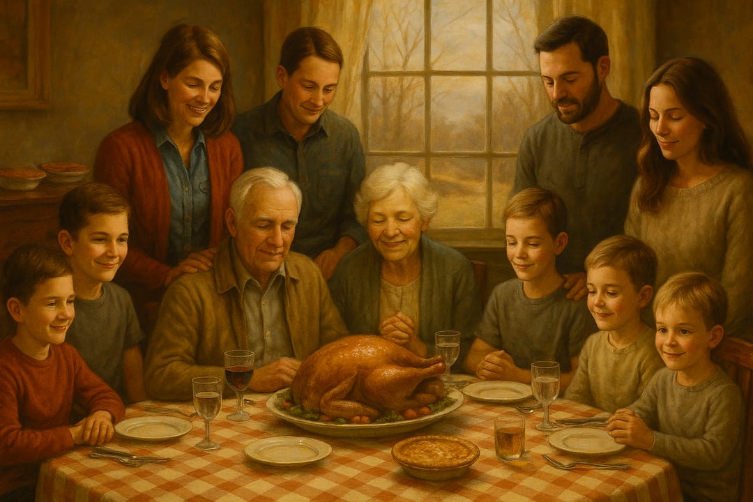 Saying Grace — The whole table, heads about to bow — a magazine-cover moment of a full house at dinner.