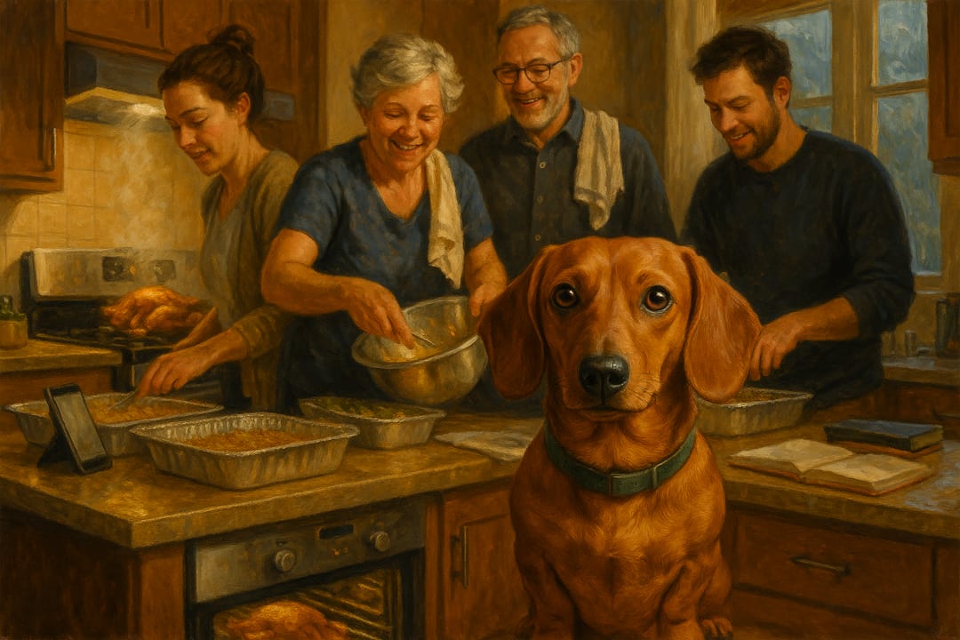 Kitchen Documentary — The hour before dinner, painted straight — steam, counter clutter, everyone in the way.