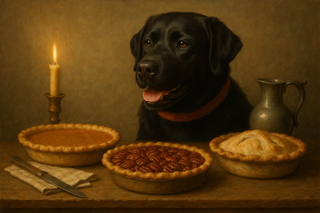 The Pie Table — A Chardin-quiet still life with the subject behind the pies — pumpkin, pecan, apple, one candle.