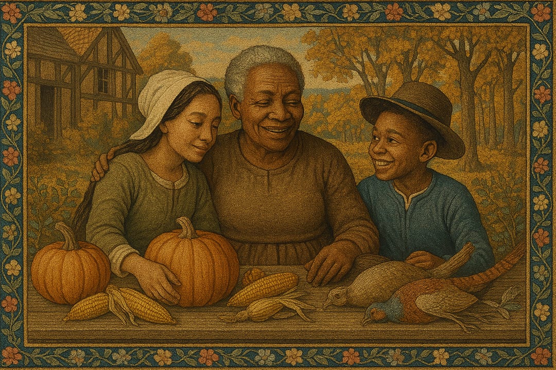 First-Harvest Tapestry — A woven tapestry — the subject at a long outdoor harvest table, seventeenth-century in dress and weave.
