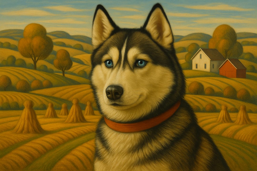 Regionalist Harvest Mural — Grant Wood rolling fields — rounded haystacks, patterned rows, clean light.
