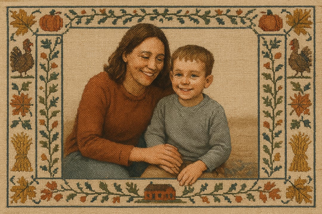 Needlework Sampler — A cross-stitch sampler — the subject in tiny stitches, a border of turkeys, pumpkins and wheat.