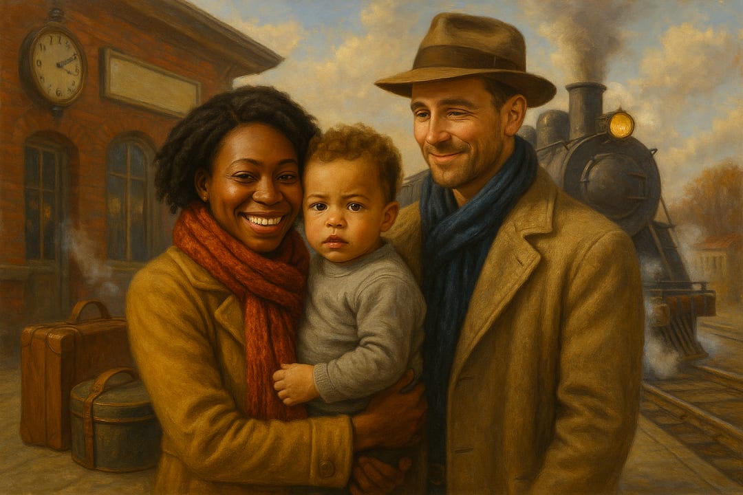 Coming Home for Thanksgiving — The homecoming on a small-town platform — steam, suitcases, the embrace, a 1940s illustration.