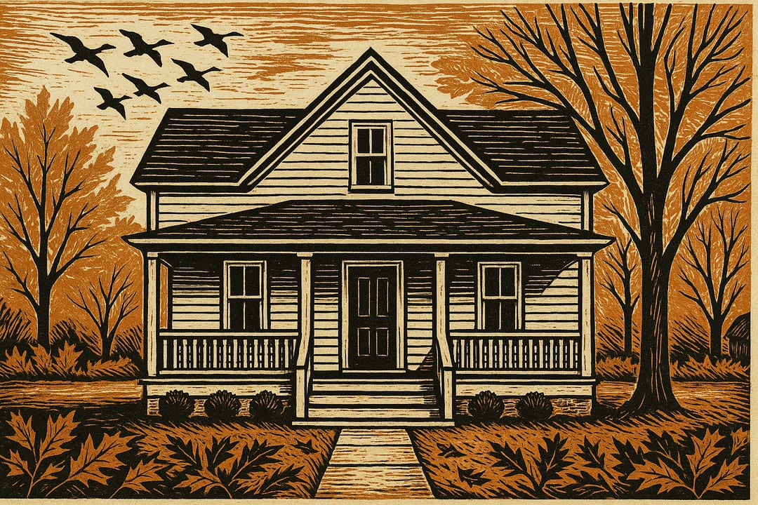 Vermont Woodcut — Two-colour woodblock print — barn, birches, geese, a cider press.