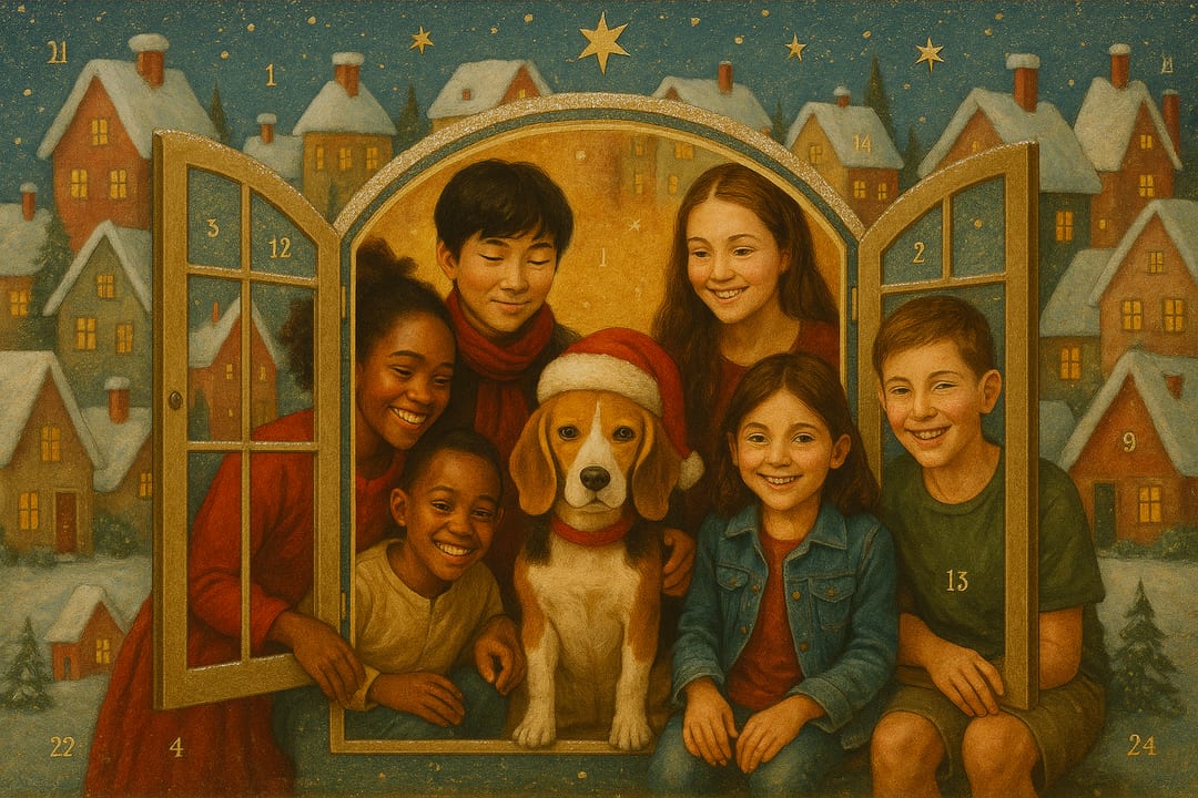 Advent-Calendar Window — The subject framed in an opened advent window — paper snow, glitter, a German paper-craft tradition.