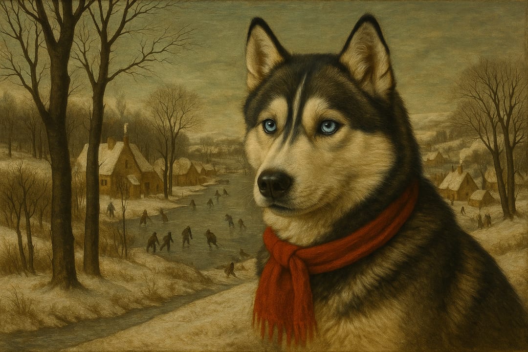 Winter Hunters' Landscape — The Bruegel winter — a high view over a snowed village, the subject in the foreground with the dog.