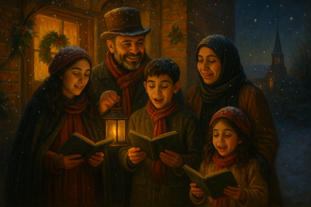 Carollers at the Door — Lanterns, songbooks, snow on the shoulders — a Victorian carolling scene at a lit front door.