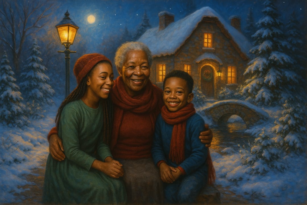 Luminous Cottage Glow — A snowbound stone cottage, every window lit — the light-filled painting tradition.