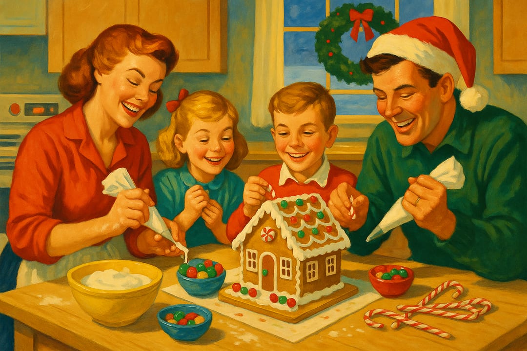 Gingerbread-Kitchen Cover — Flour on noses, icing bags, the gingerbread house half-built — a bright mid-century cover.