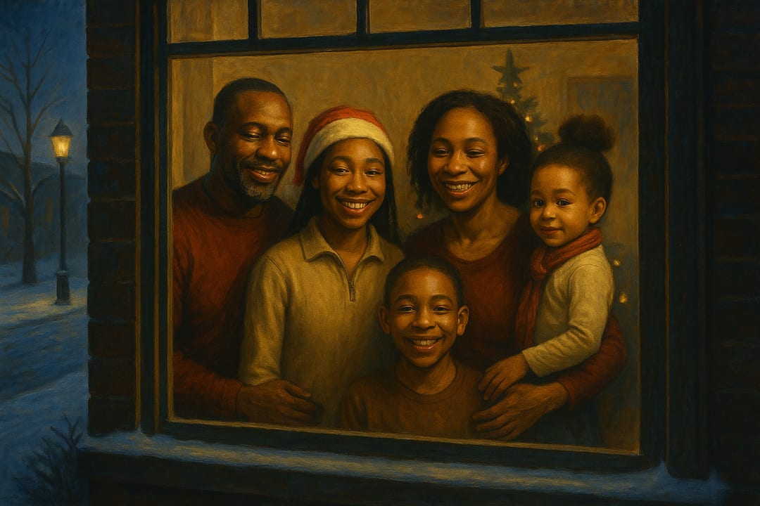 Lit Window at Night — A quiet American-realist night scene — one warm window, the subject inside, snow on the street.