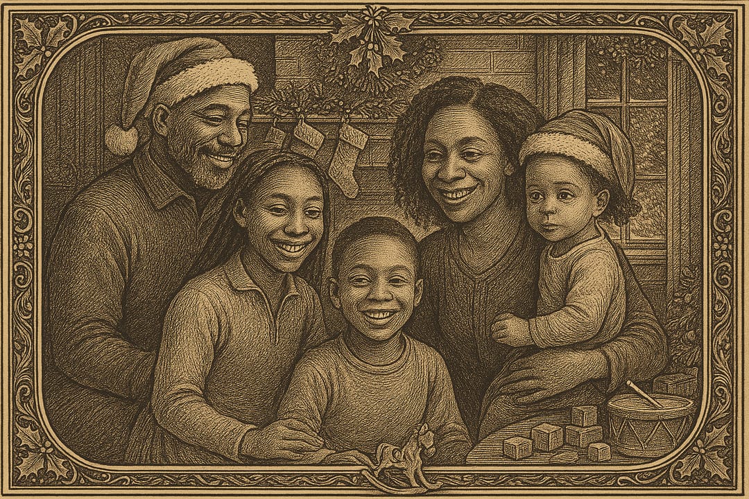 Nast Harper's Engraving — Thomas Nast's wood-engraved Christmas — holly, a hearth, the first Santa's workshop.