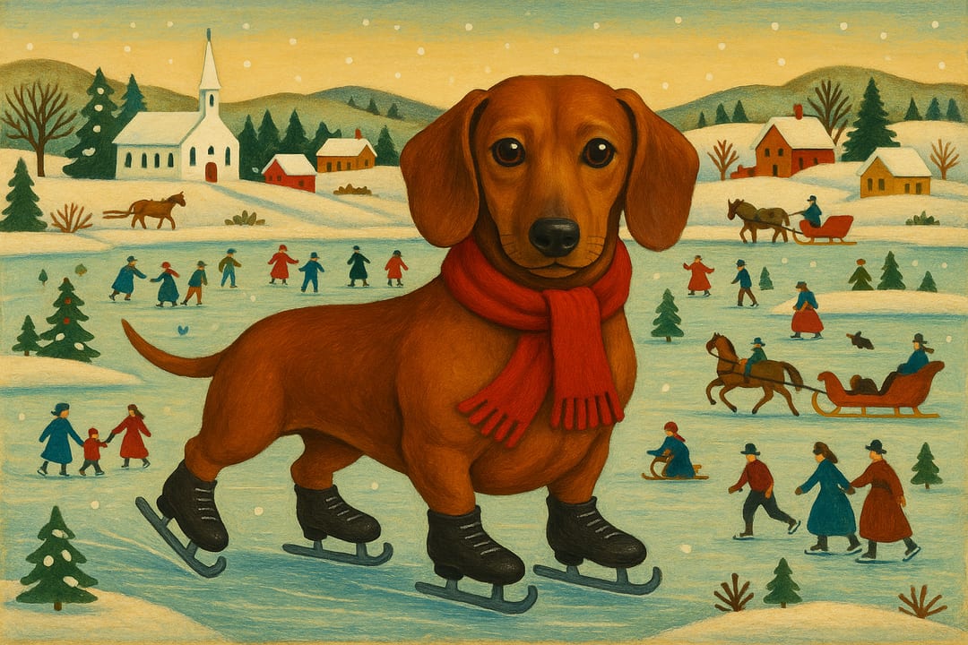Village Skating Pond — An American naive folk-art scene — the frozen pond, the sleighs, the whole village out.