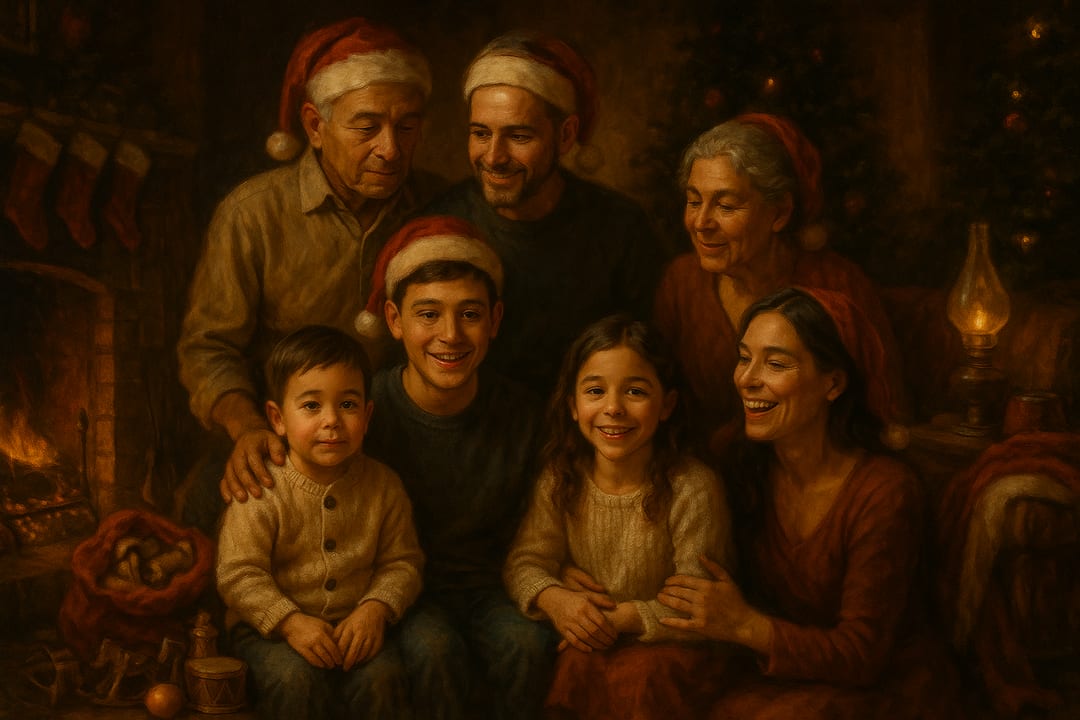 Saint Nicholas Fireside — The old midnight-visit painting — his lamp, his red, his sack of wooden toys, and not a soul awake but you.