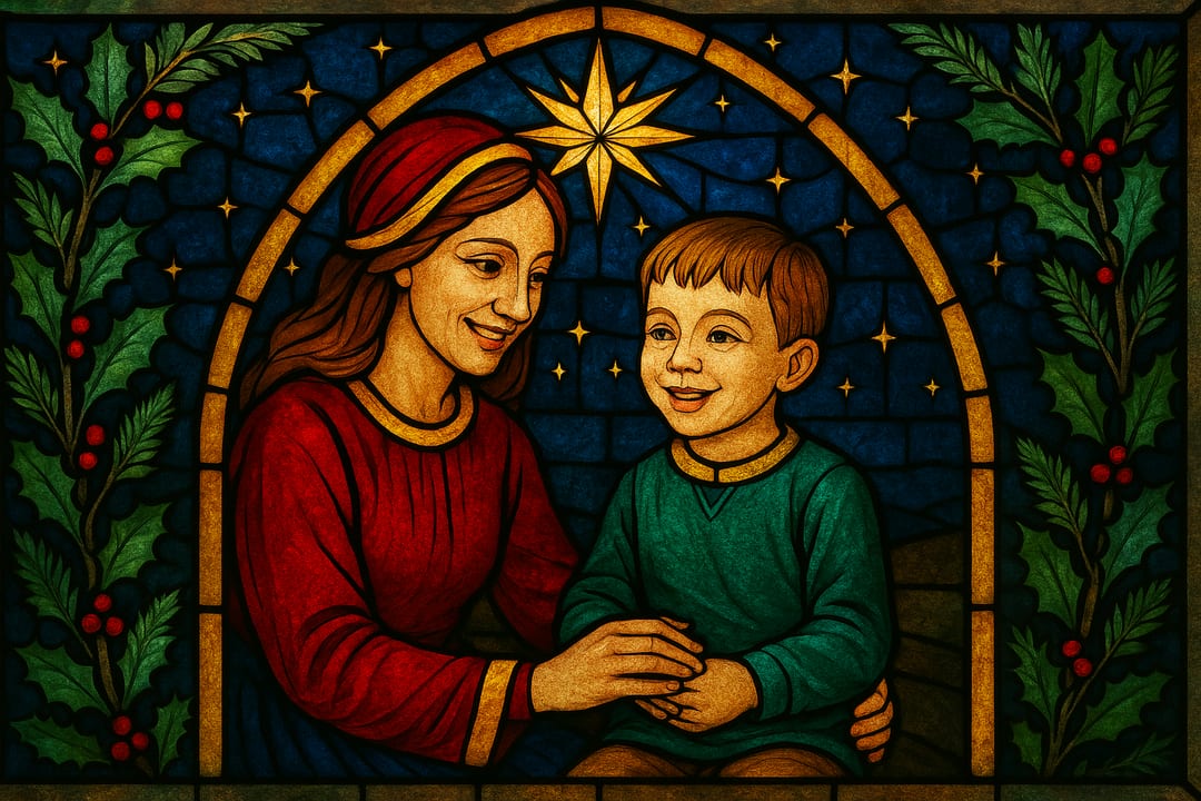 Cathedral Stained Glass — Leaded medieval glass — deep ruby and cobalt, a star, light pouring through.